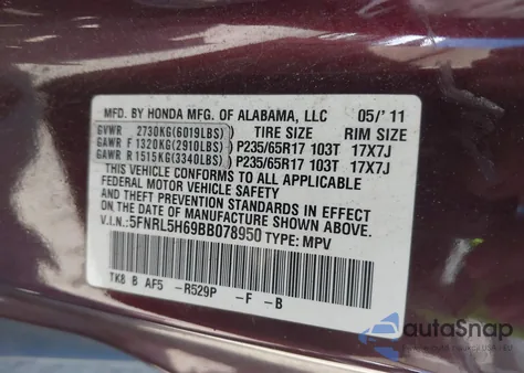 2011 Honda Odyssey Ex-L from USA, damaged, VIN 5FNRL5H69BB078950